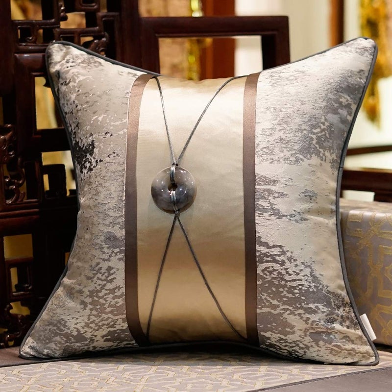 Avigers 20 x 20 Inches Chinese Style Grey Splash-Ink Patchwork with Jade Pendant Cushion Cases Luxury Throw Pillow Covers Decorative Pillows for Couch Living Room Bedroom Car 50 x 50cm - Image 1